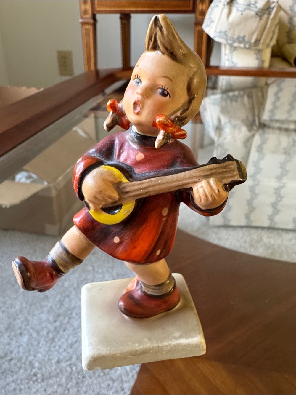Hummel Red Ceramic Girl with Mandolin Home Art Figurine